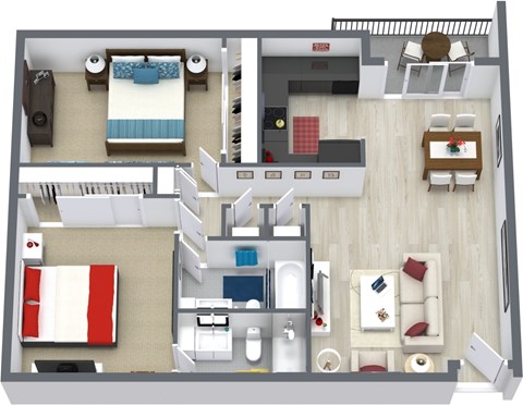 Floor plan for 2 beds, 2 baths, 996 sqft